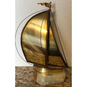 Dimitri Sailboat Sculpture Brass Sailboat on Stone‎ Base Signed Art Decor
